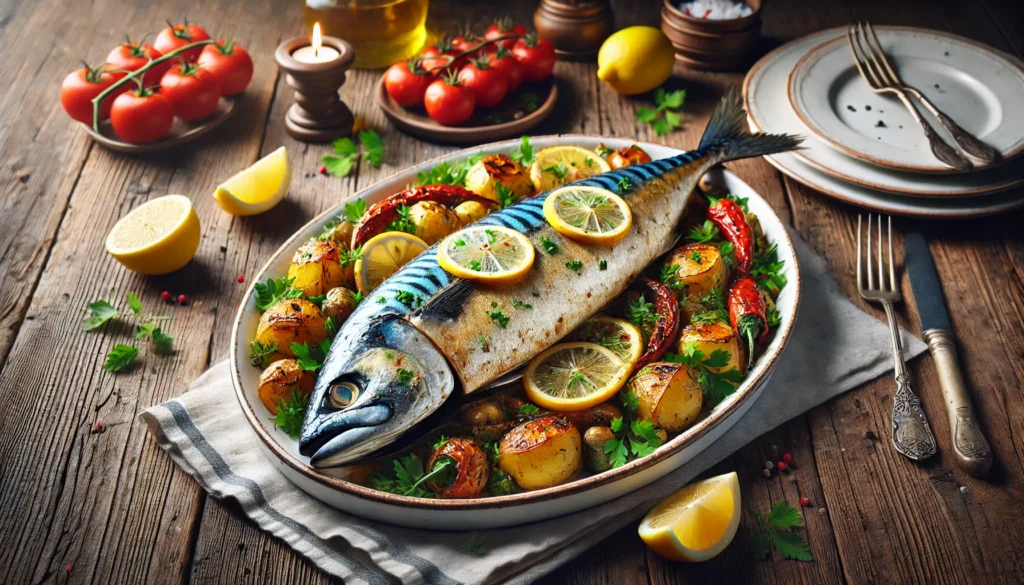 Peixe assado com limão, batatas e pimentos numa travessa