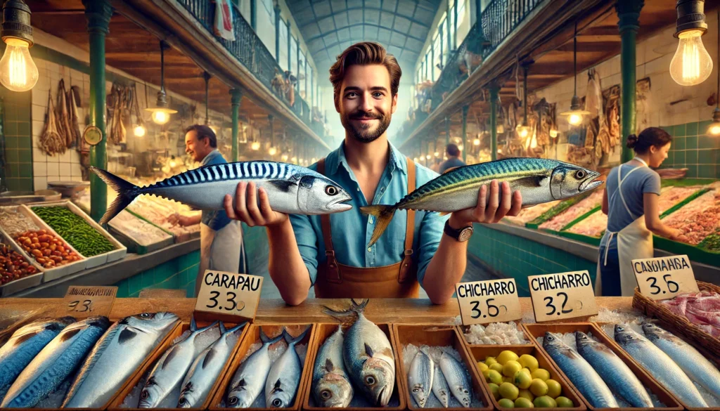 Homem sorridente segurando peixes em mercado tradicional