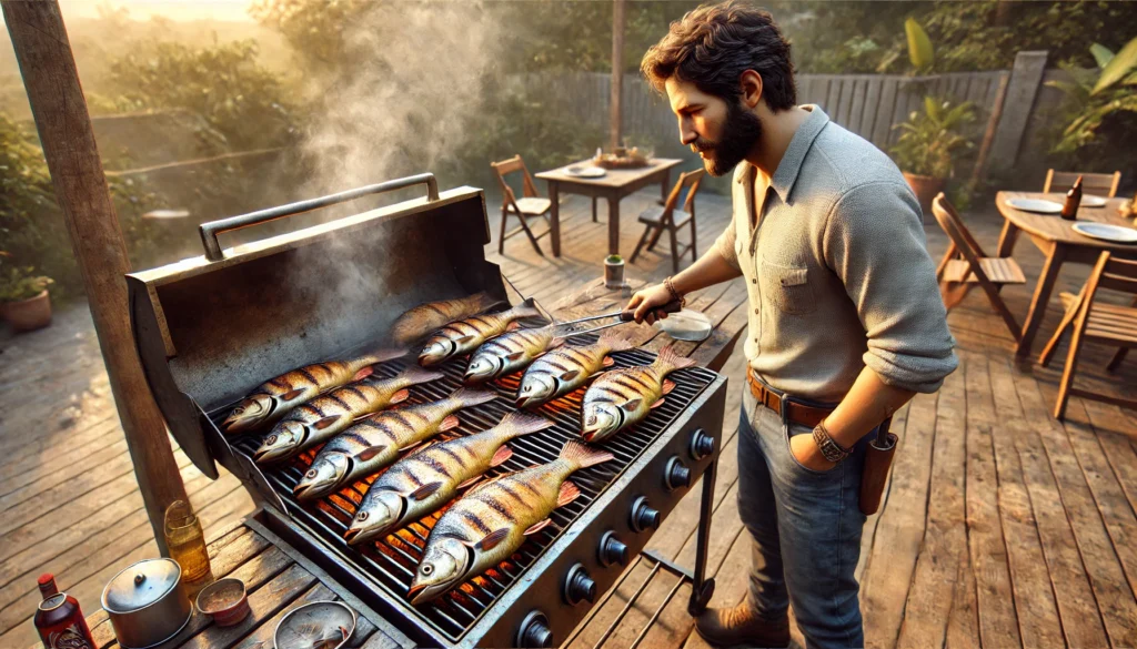 Homem grelhando peixes num churrasco ao ar livre