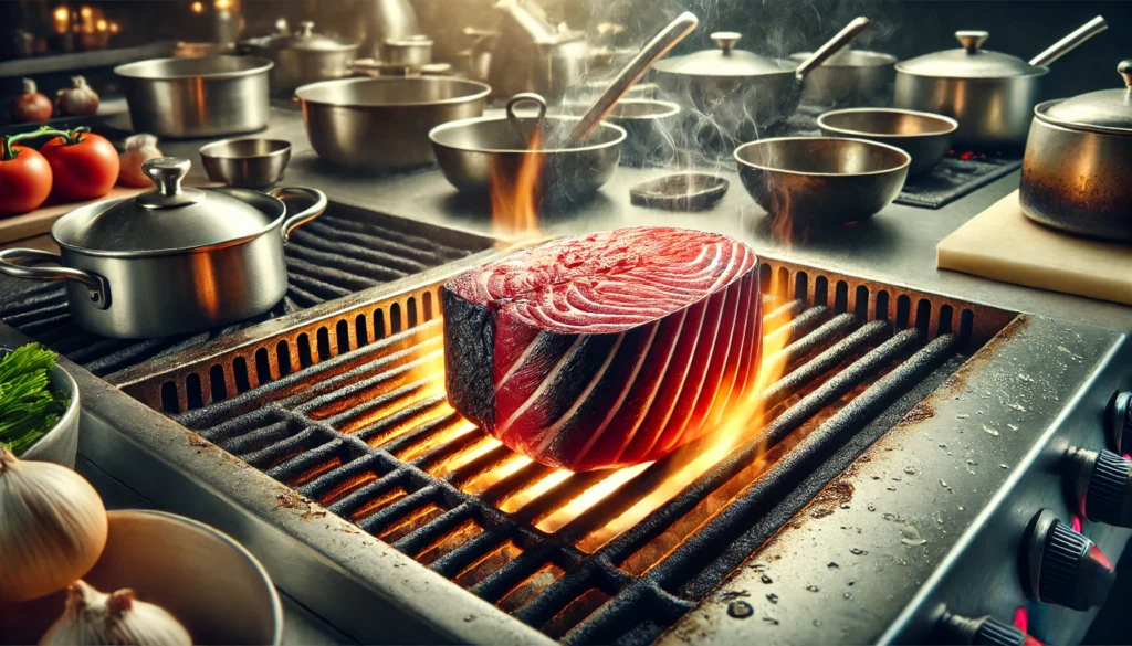 Bonito grelhando em chama numa cozinha industrial