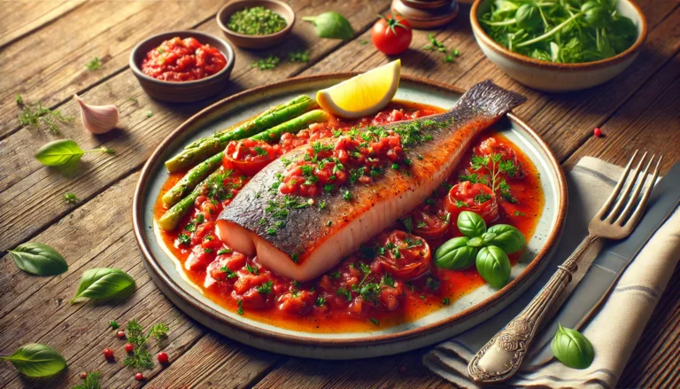 Prato de salmão grelhado com aspargos e tomate