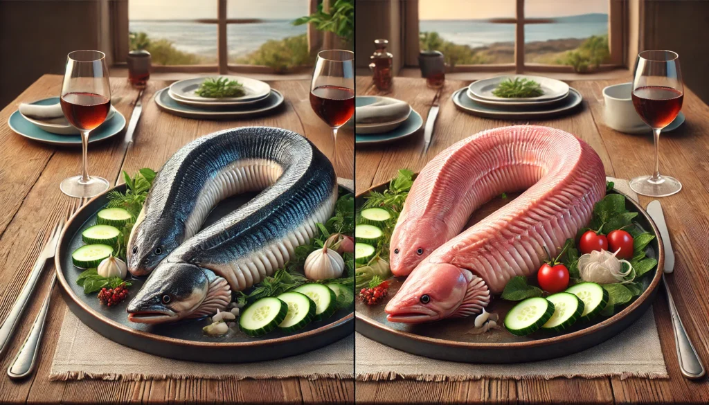 Peixes frescos em pratos rústicos, vista para o mar.