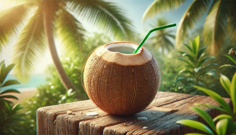 Coco com palhinha em ambiente tropical paradisíaco