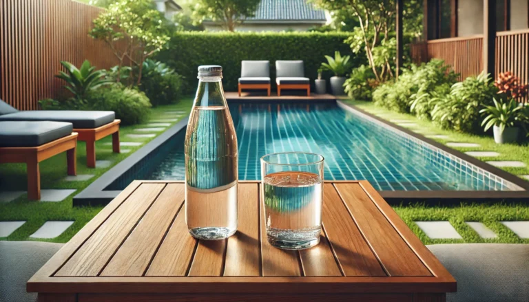 Garrafa e copo de água em mesa ao lado de piscina
