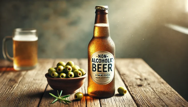 Cerveja sem álcool e taça com azeitonas em madeira