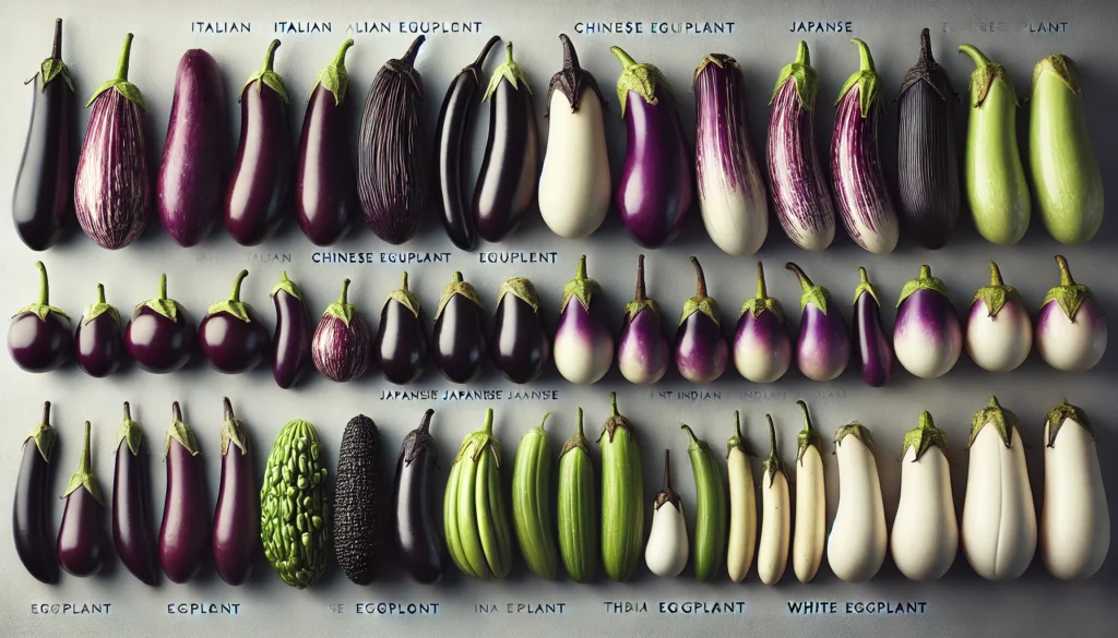 Variedades de beringelas exibidas com etiquetas identificativas