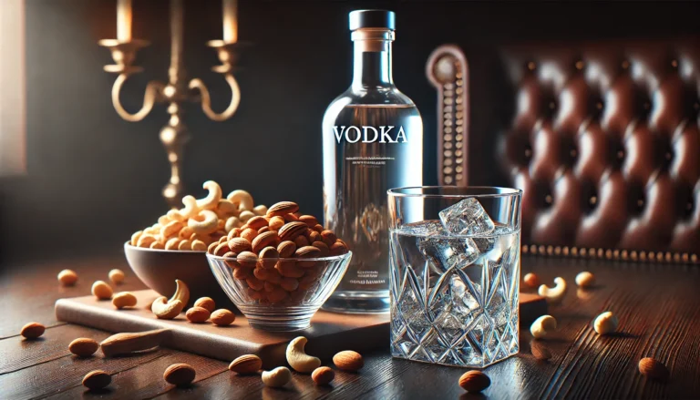 Garrafa de vodka e copo com gelo, nozes sortidas ao lado